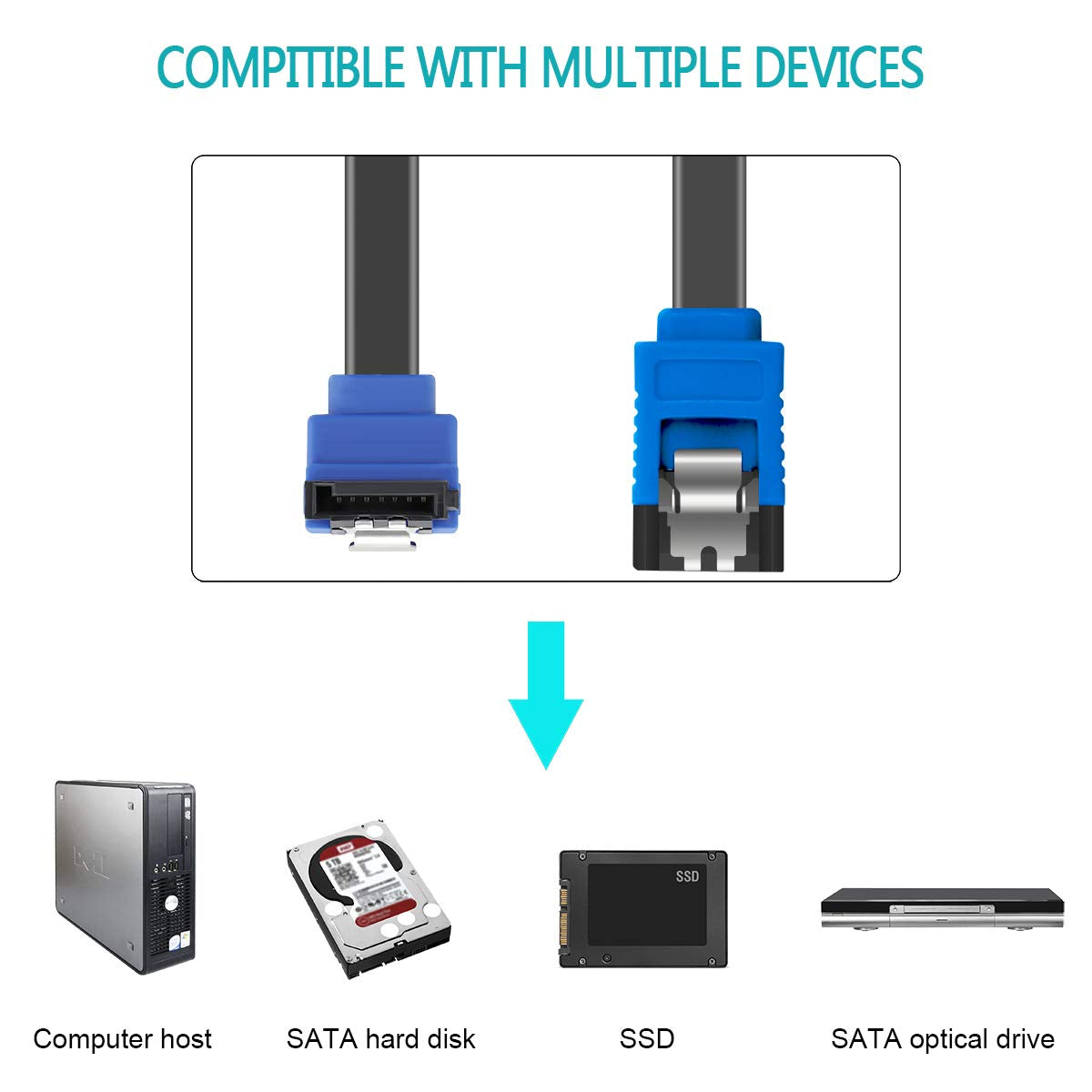 SATA Cable III, SATA Cable III 6Gbps 90 Degree Right Angle with Locking Latch 18 Inch for SATA HDD, SSD, CD Driver, CD Writer - Right Angel